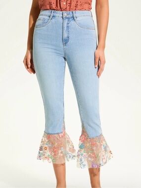 NWT: Light Blue Mid-Rise Cropped Flare Jeans with Floral Lace Hem- Fun & Flirty